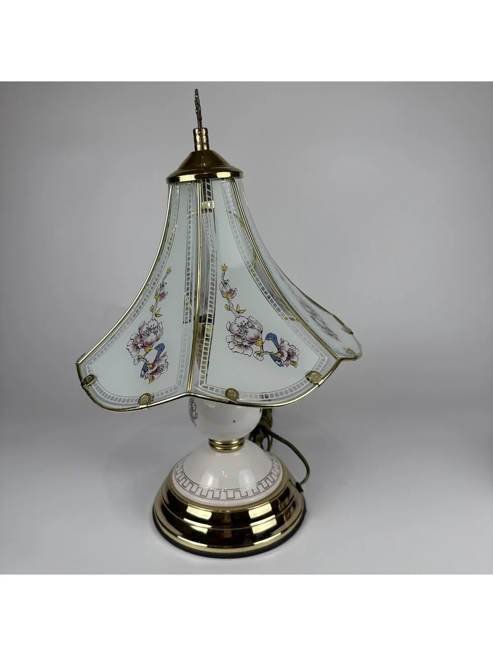 Vintage 3 Way Touch Lamp 6 Panel Glass Blue Bird Floral Brass Table Light 16x10